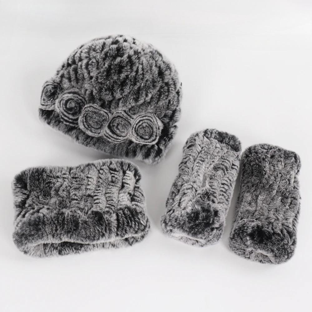 New Winter 3 Pieces Knitted Real Rex Rabbit Fur Hat Scarf Gloves Sets Women Natural Rex Rabbit Fur Warm Cap Scarves Mittens