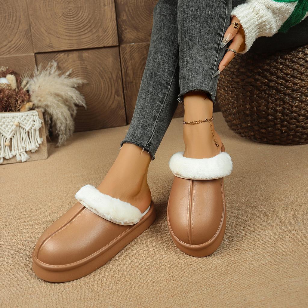 Women's Winter Flat Toe-Cap Home Slippers, Plush Warm and Comfortable Casual Half-Slip Women's Shoes