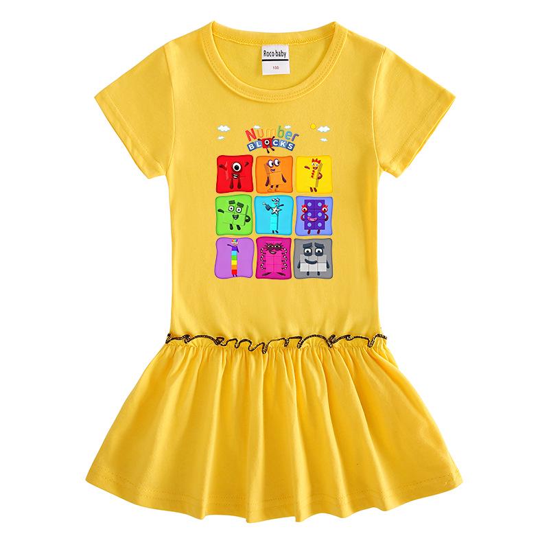 Summer Cartoon Raglan Color Block Pleated Dress for Girls