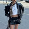 Women's Short Faux Leather Jacket Street Style Zipper PU Leather Riding Jacket Vintage Casual Fashion Jacket  Spot Goods