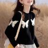 Petite Black Butterfly Print Loose Sweater for Women - 2025 Autumn/Winter Base Layer