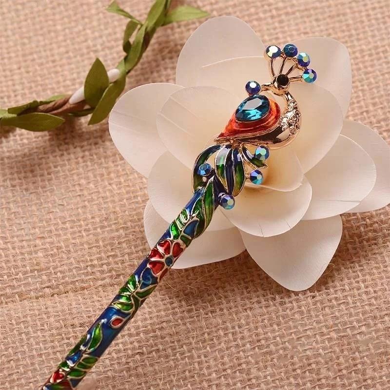 Retro Women Enamel Crystal Peacock Hair Stick Pin Chinese Style Handmade Accessories Ladies Gentle and Elegant Jewelry Headwear