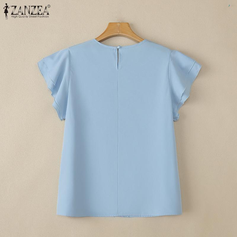 ZANZEA Blusa Casual de Verano para Mujer con Cuello Redondo y Manga Corta con Parche