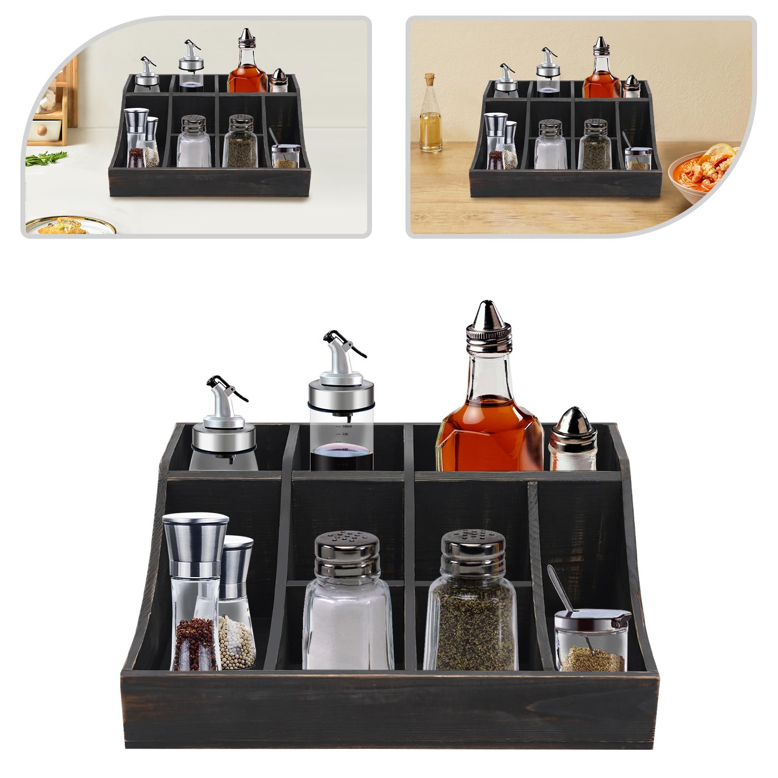 

9-Compartment Wooden Condiment Organizer,Black Tabletop Condiment Holder 41*32*16cm for Kitchens,Living Rooms