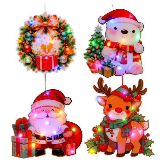 Glowing Santa Door Hanger LED Christmas Decor with Reindeer Snowman DIY Lighted Holiday Hanging Ornaments for Window Mantel Decorations