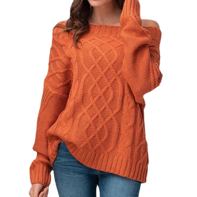 Women's Autumn Winter Knitted Sweater with Round Neck and Cable Knit Pattern Luxurious Relaxed-fit Slimming and Versatile Top