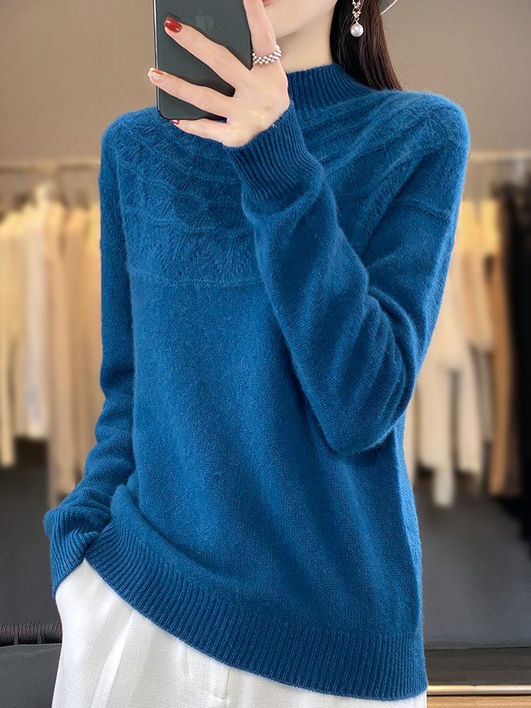 Autumn/Winter Women's Knitwear: Hollow Out Half-High Neck Long Sleeve Loose Slimming Pullover Sweater.
