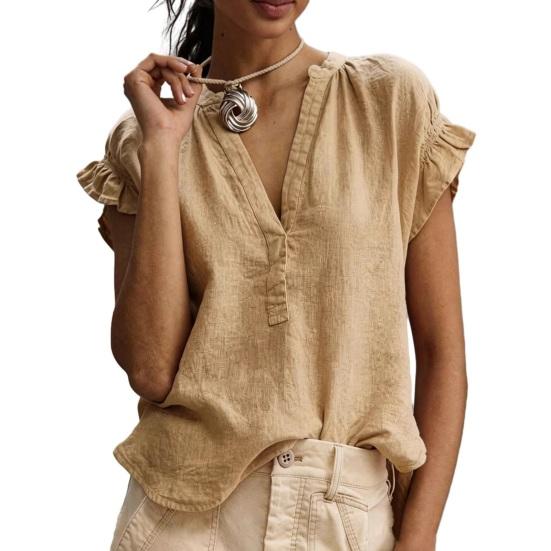 Women Shirt, V Neck Ruffled Stitching Short Sleeve Tops, Pure Color Loose Fit Pullover Tops for Casual Daily S