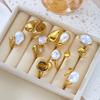Vintage Natural Stone Stainless Steel Rings for Women Men Trendy Gold Plated Hollow Geometric Ring Finger Accessories Jewelry