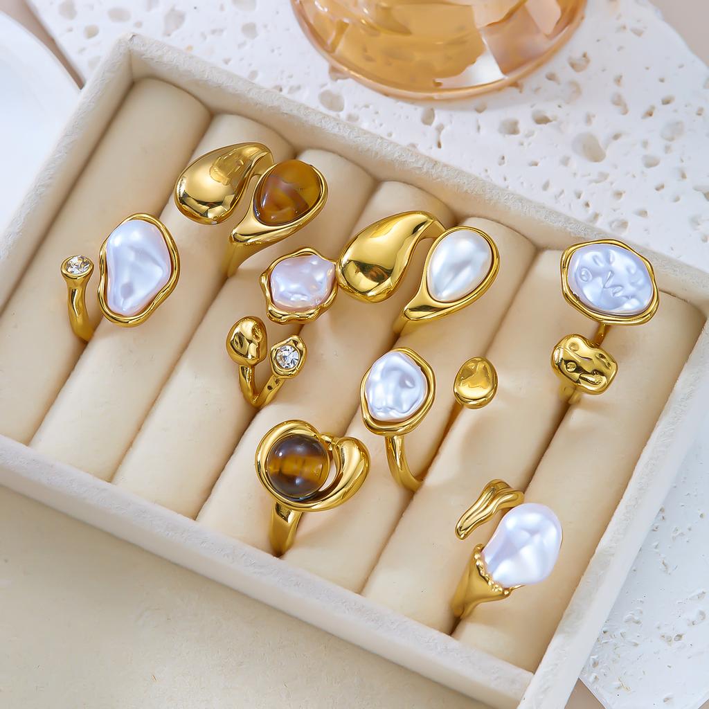 Vintage Natural Stone Stainless Steel Rings for Women Men Trendy Gold Plated Hollow Geometric Ring Finger Accessories Jewelry