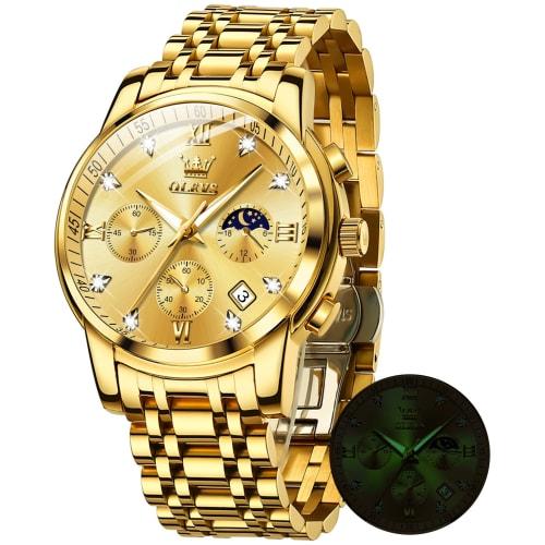 

OLEVS Men s Watch with Moon Phase Display, Timer, Waterproof, Luminous Display, Date Display, Quartz Movement, Stainless Steel Band, Simple and Fashio
