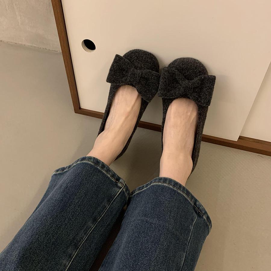 Flat Woolen Gray Single Shoes Women's Shoes Spring and Autumn Bow Commuter Fairy Ladyshoes