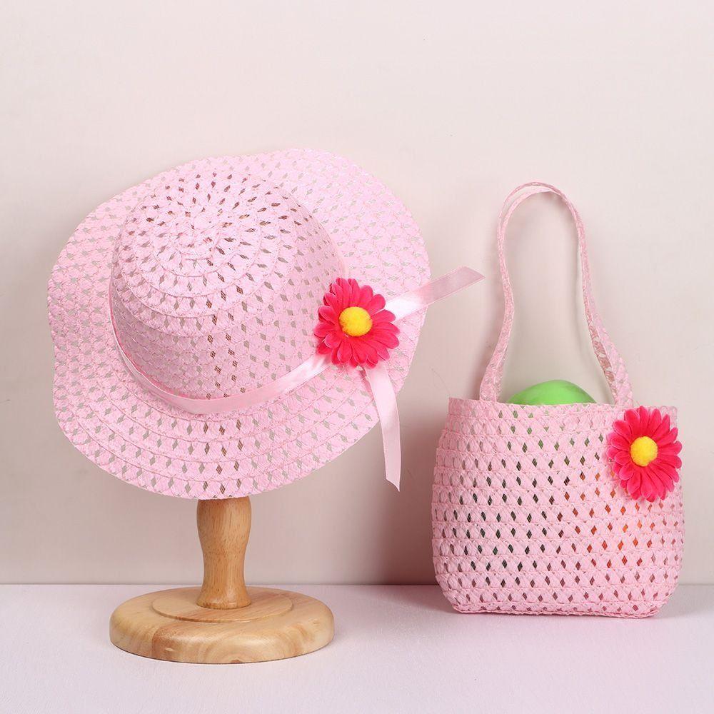 2Pcs/Set Flower Design Children Beach Hats Set Wide Brim Straw Wide Hat  Kids Summer Holiday