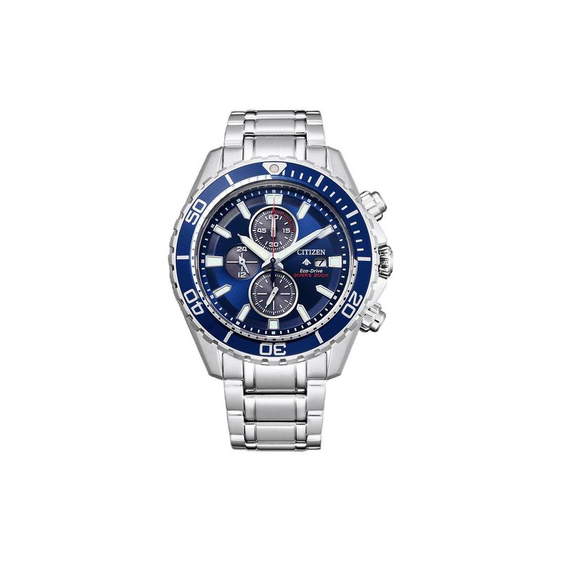 

CITIZEN PROMASTER series date display 200 meters waterproof chronograph light Quartz Steel Strap men s watch blue dial CA0710-91L синій