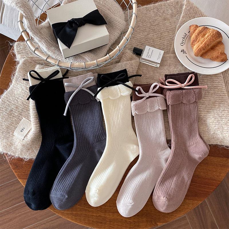 Japanese Sweet Ballet-Style Bow Socks for Women–Designer Double Ribbed Cuff with Flared Hem,Spring/Fall Versatile Stacking Socks
