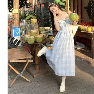 Salt Girl Plaid Dress Fake Two Pieces Summer Temperament Suspender Skirt Schoolgirl Sweet a Word Skirt