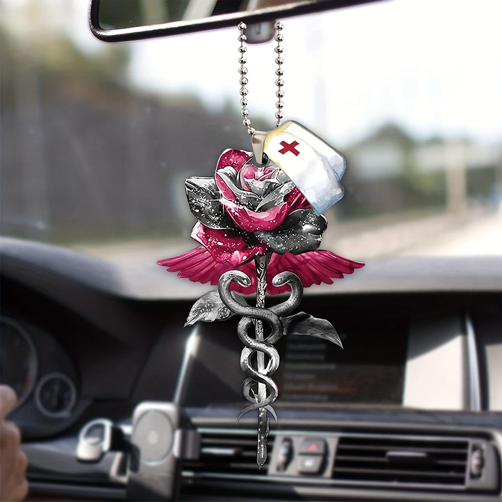Rose Nurse Hat Car Rearview Mirror Pendant, Christmas Holiday Pendant Decoration Gift, Door Tag Pendant Car Accessories