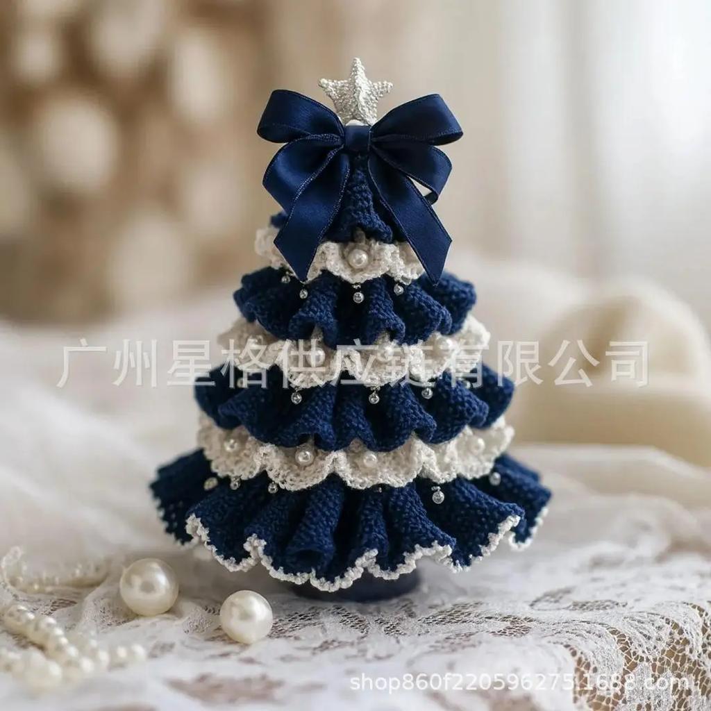 DIY-Häkel-Weihnachtsbaum-Set mit Schleife und Kunstperlen-Dekoration, Bastelstarter-Set, handgefertigter Häkel-Weihnachtsbaum, Heimdekoration