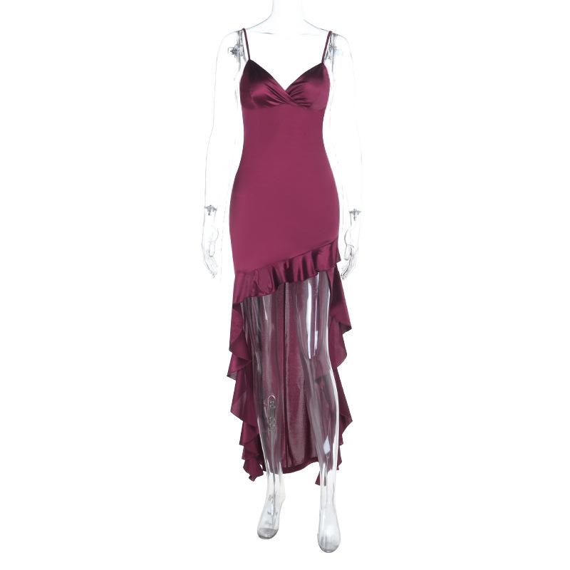 2026 new INS style sexy deep V irregular satin suspender evening dress dress S бордовый