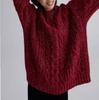 Women's European Style Heavy-Duty Three-Strand Twisted Wool Sweater, Autumn/Winter, Red Heather Yarn, Relaxed Fit
