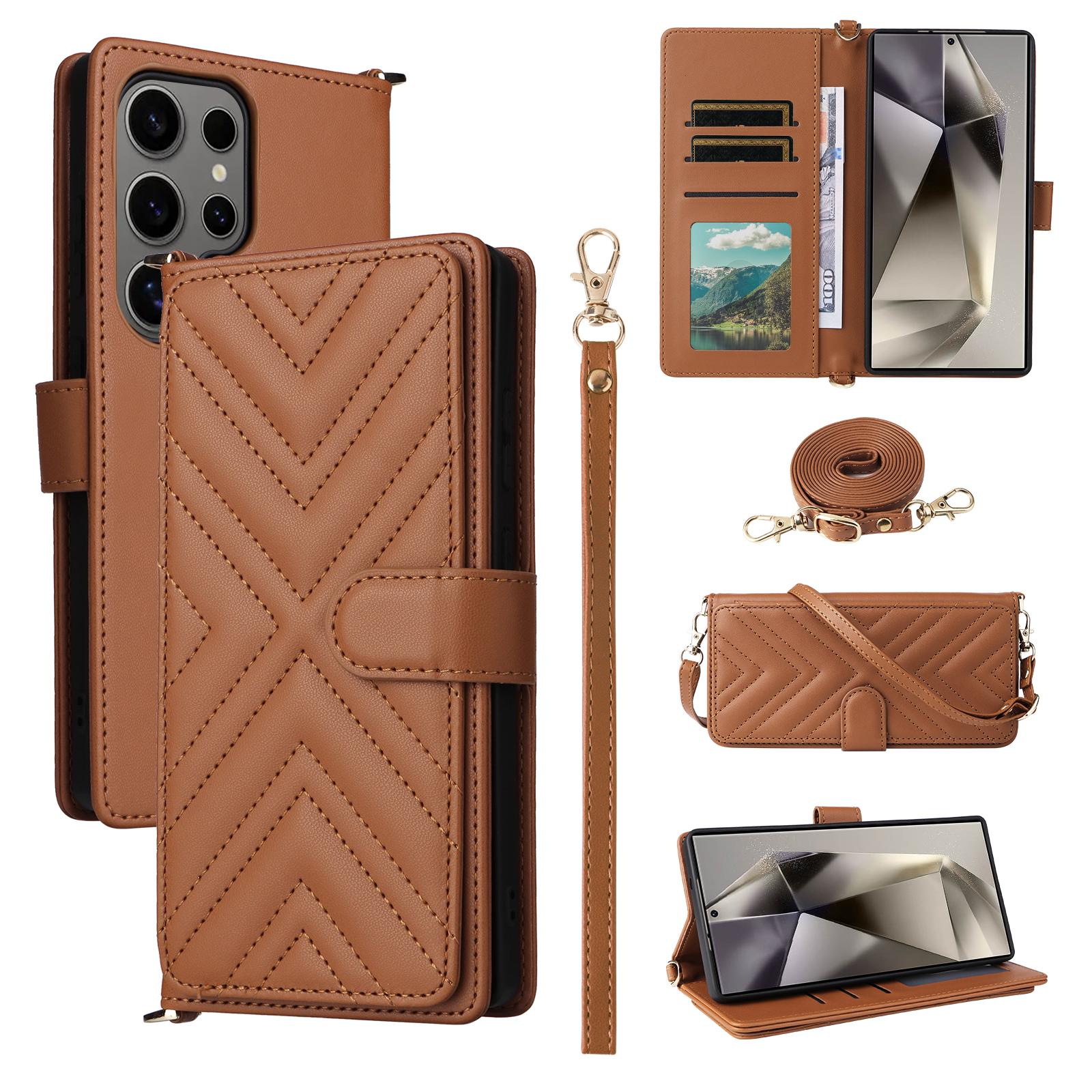 

Для Samsung Galaxy S25 Ultra Чехол-кошелек с плечевым/кистевым ремешком Кожаный чехол для телефона Подставка Brown