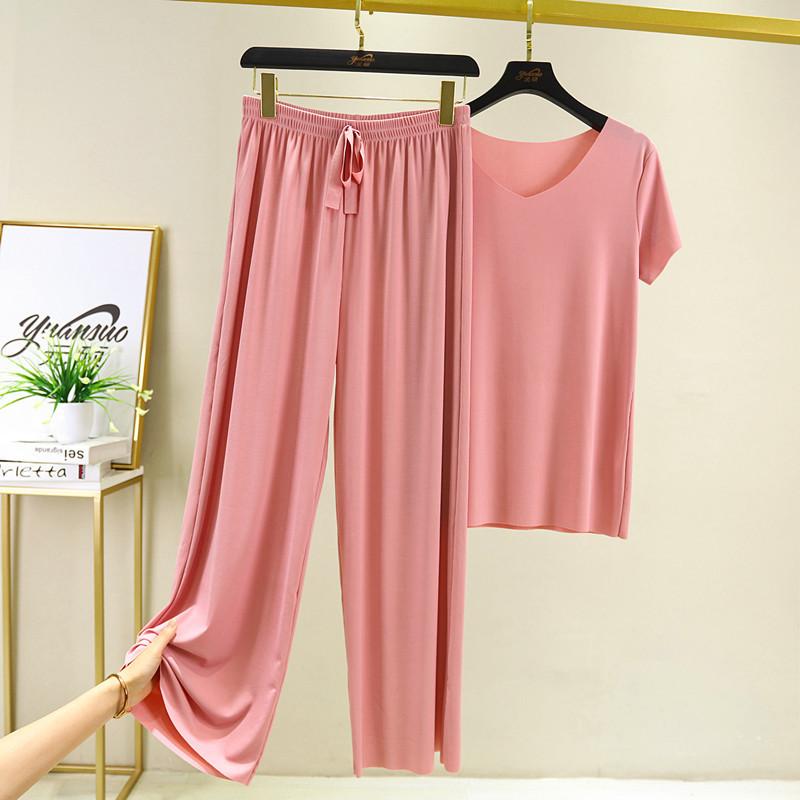 Damen Eleganter V-Ausschnitt Eisseide Kurzarmanzug Lässige Gerade Hose Zweiteiliges Outfit Lange Hose mit Kordelzug Kurzarmhemd