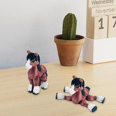 3D Printed Foal Animal Figurine Full Articulated Flexible Fidget Toy Small Brown Horse Desk Decor for Boys Girls