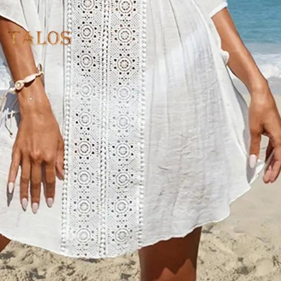Cover Up Dress V-Neck Batwing Sleeve Hollow Pattern Neckline Bikini Swimsuit Cover Up with Elastic Waist Summer Outdoor Wear