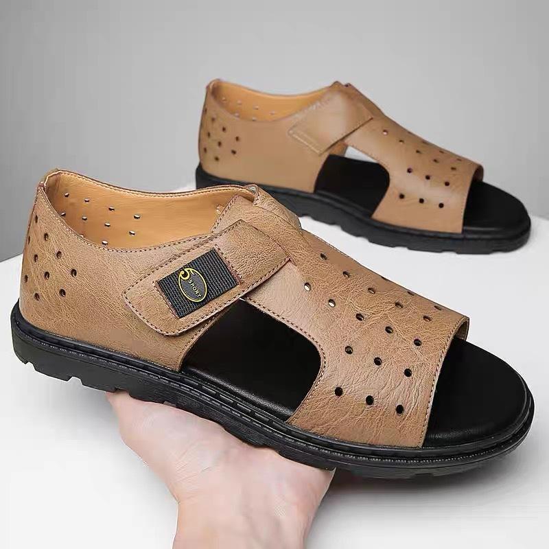 Summer New Men's Business Casual Leather Sandals Hollow Out Breathable Roman Sandals British Flats Shoes