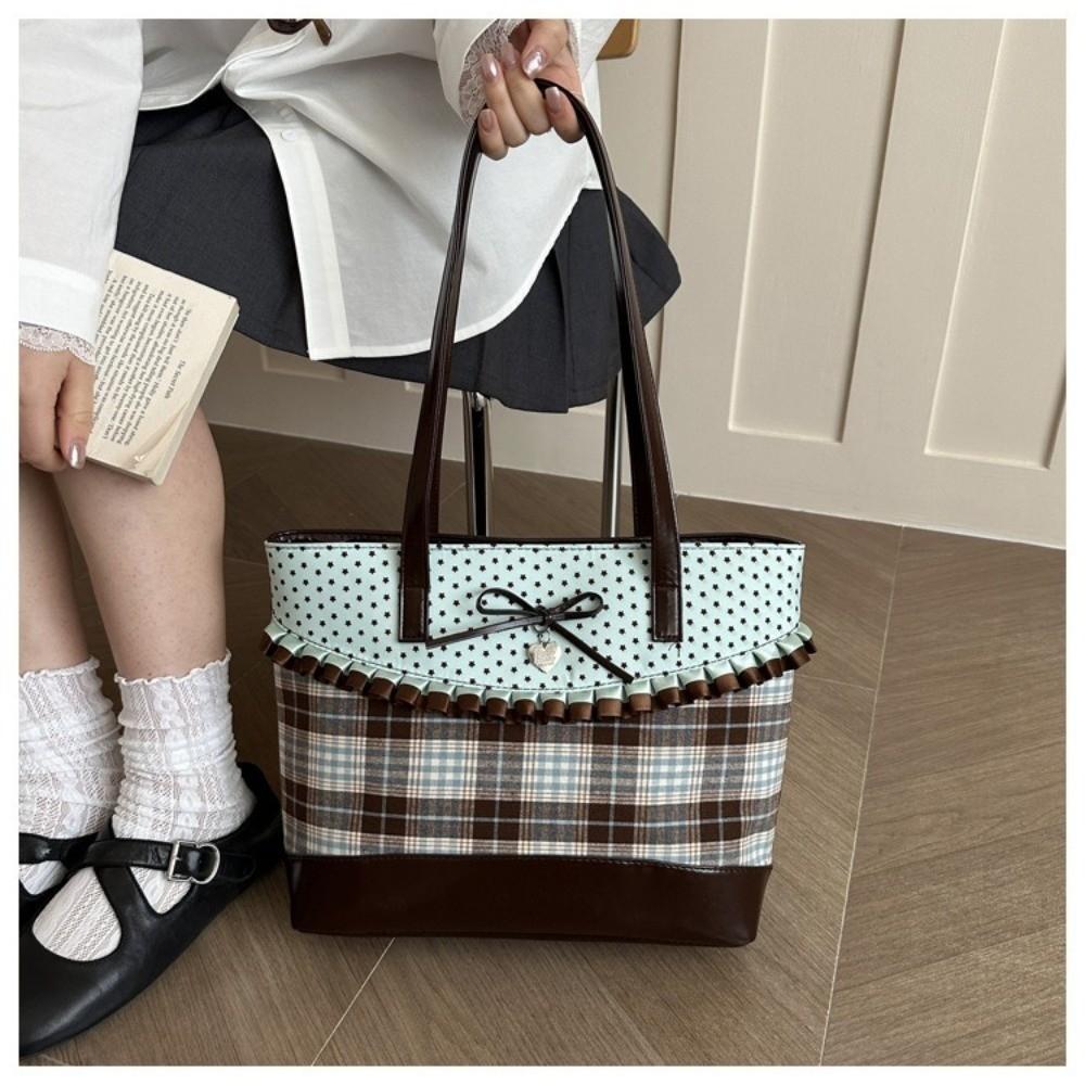 Trend Mint Green Lace Plaid Tote Bag Bowknot Polka Dot Shoulder Bag Cloth Large Capacity Patchwork Handbag Casual