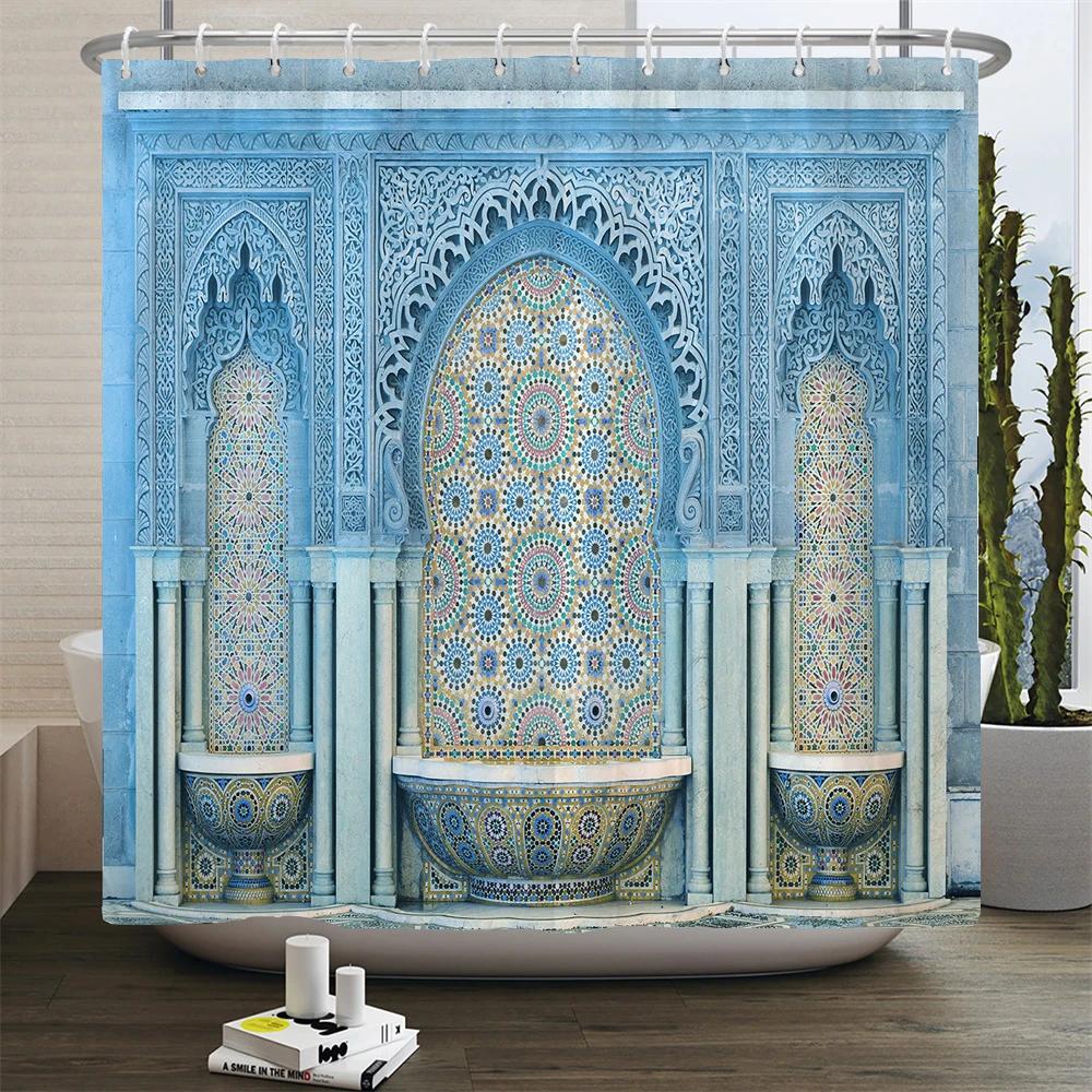 3D Moroccan Style Shower Curtain European Architectural Landscape Printed Waterproof Polyester Bathroom Curtain Decor With Hooks