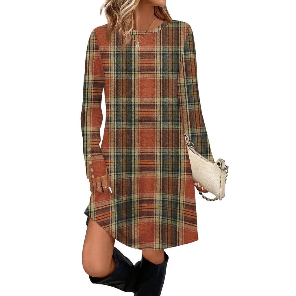 Rochie Casual de Damă la Modă Cu Buzunar, Nasturi Decorativi, Gât Rotund și Mâneci Lungi