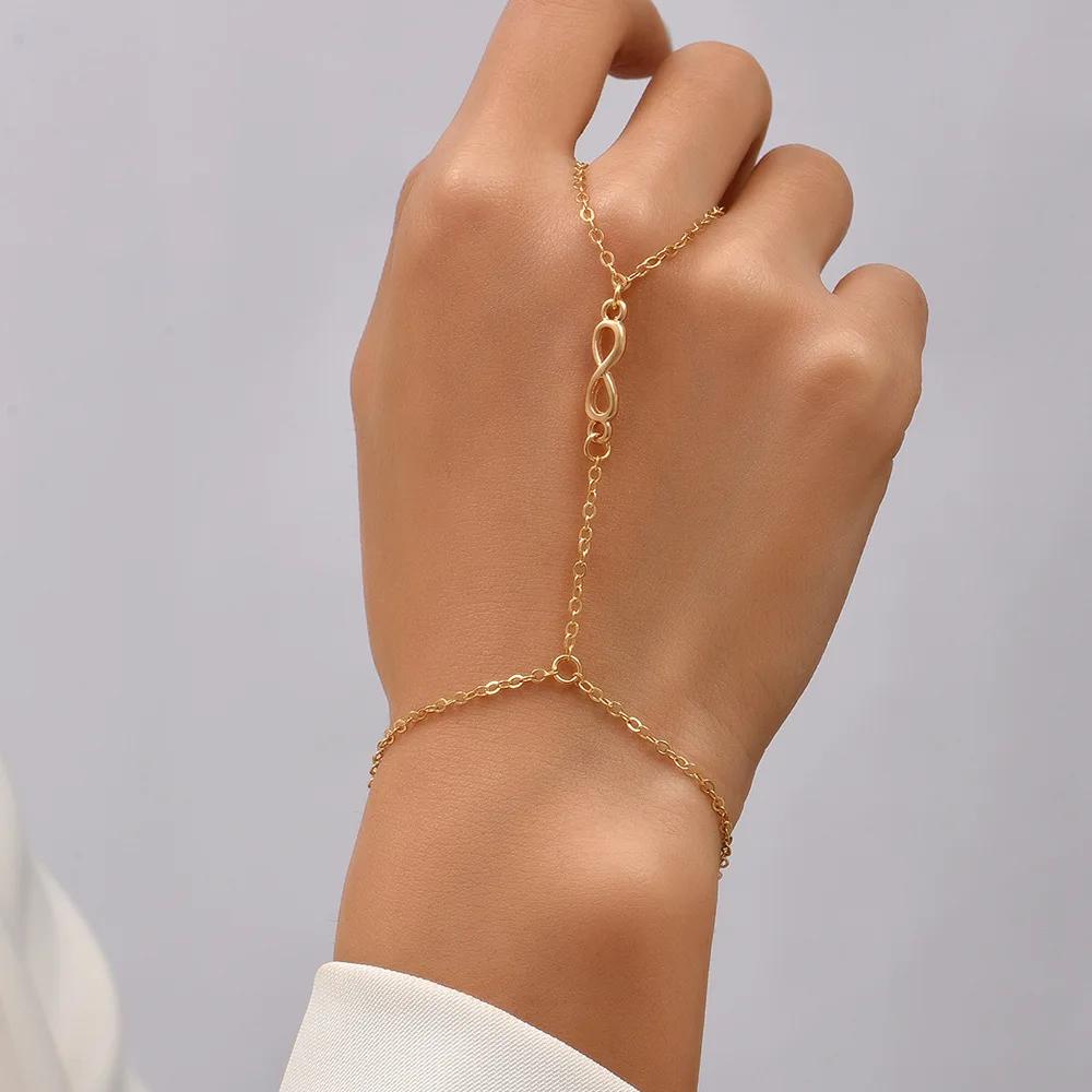 Simple Heart Slave Chain Bracelet Gold Plated Link Connected Wide Finger Ring Bracelets Jewelry Gifts For Women Girls