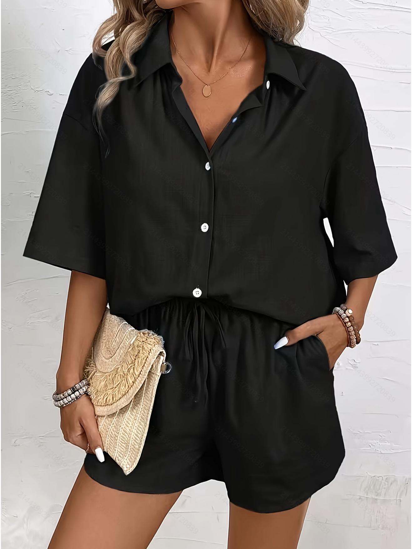 

Elegant Casual Suit: European & American Style Ladies Short Sleeve Shirt & Loose Two-Piece Set L чёрный