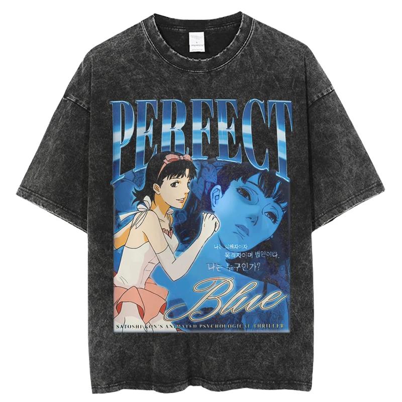 

Японське аніме вінтажна випрана футболка Perfect Blue чоловіча жіноча оверсайз модна повсякденна вулична бавовняна футболка з коротким рукавом топи M