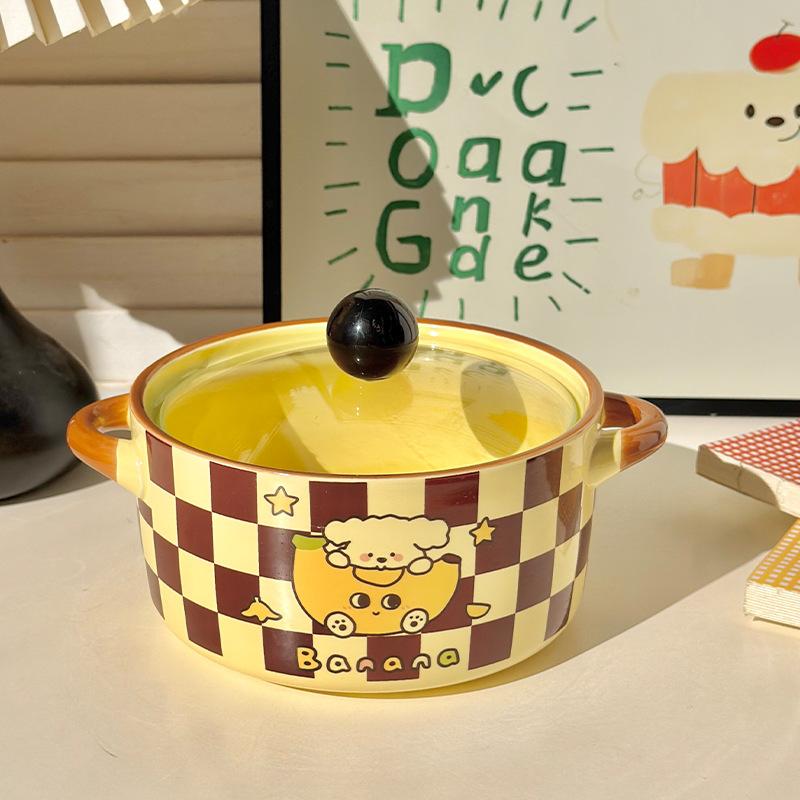 ins cute cartoon puppy ceramic binaural instant noodle bowl with lid new snail powder student dormitory for dinner