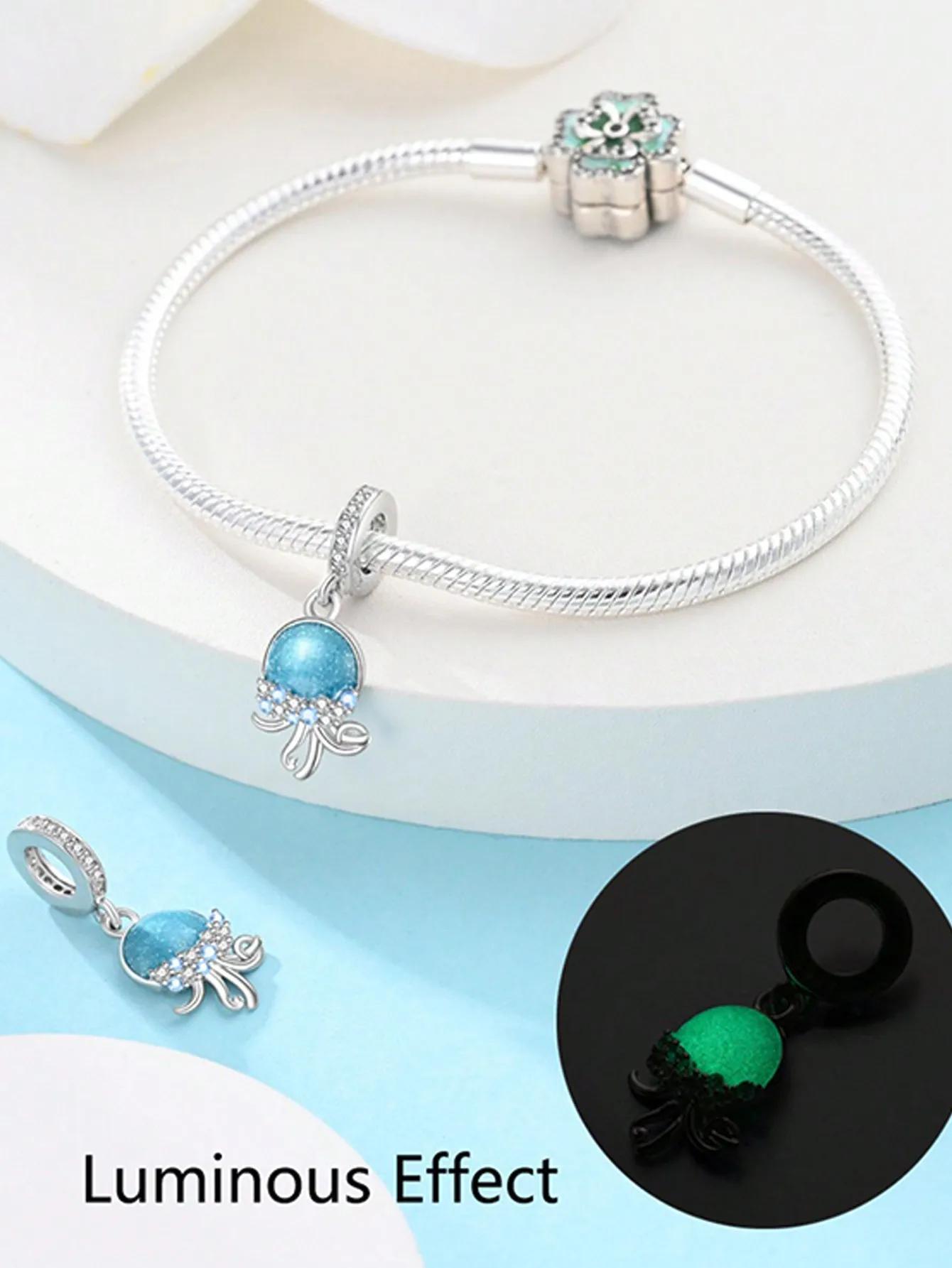 Посеребренные Оригинальные Шармы Морские Светящиеся Медузы Бусины Подходят для Браслета Женские Украшения Подарок