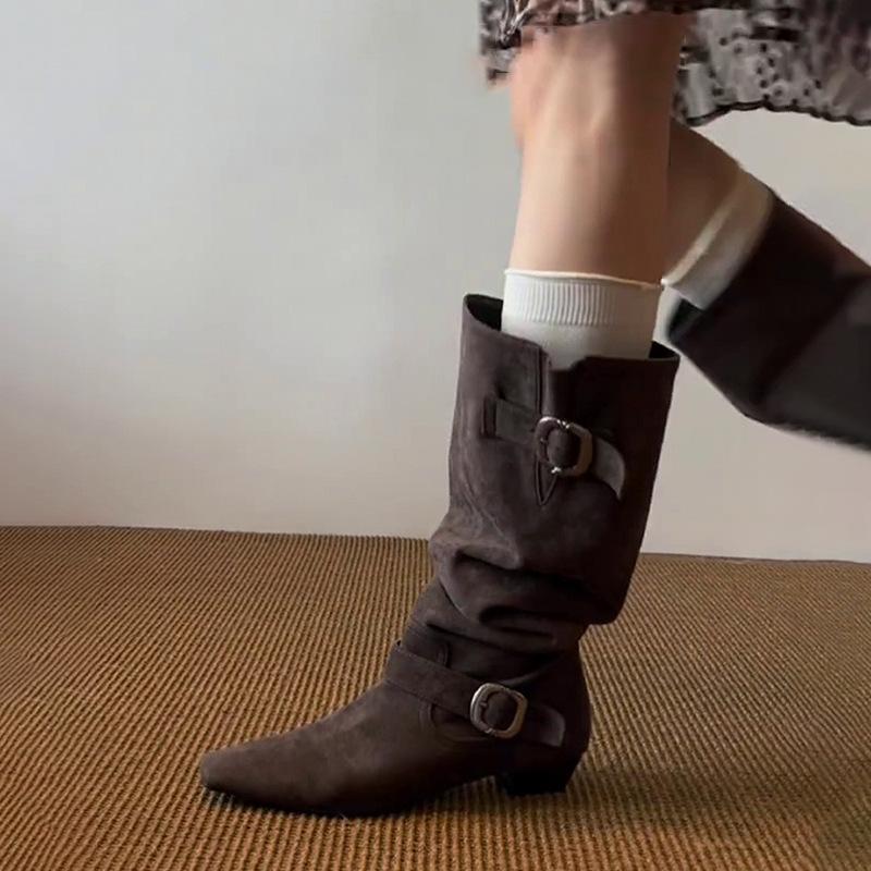 Cowhide version~ retro casual big circumference tube belt buckle stacking boots women's fashion versatile and thin knight boots