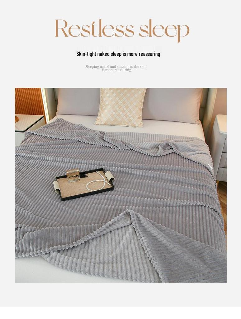 Striped Coral Fleece Flannel Blanket - Air Conditioning Nap Blanket, Solid Color, Ideal Office Gift