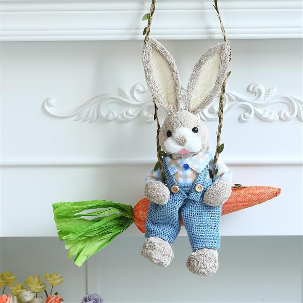 A84E-Easter Straw Bunny Figurine, Straw Rabbit On Carrot Swing, Bunny Statue Hanging Ornament for Easter Holiday Home Decor B
