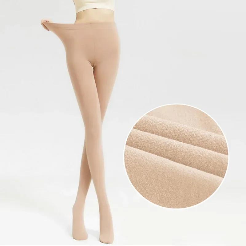 Collants d'hiver doublés de peluche pour femmes, collants épais en velours transparent, leggings thermiques chauds avec couche intérieure en polaire beige