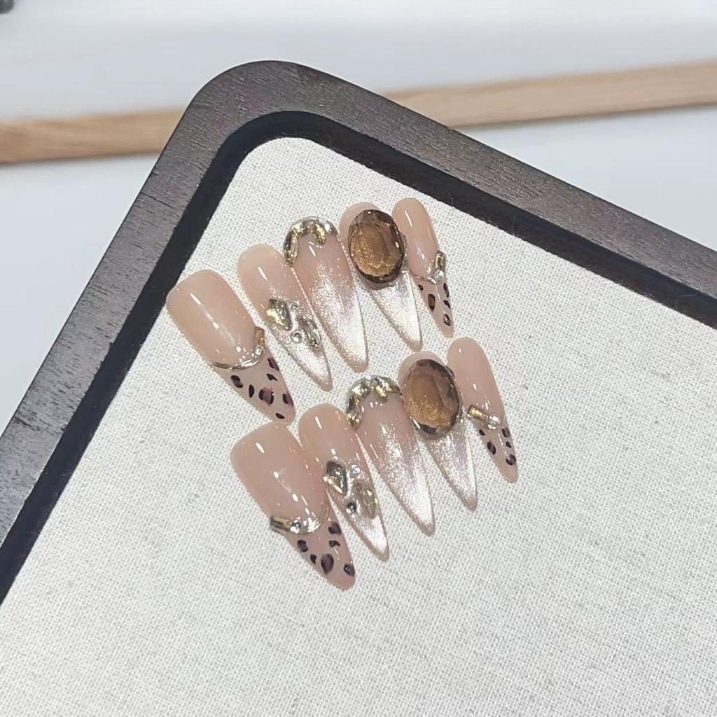 Noszenie Zbroi Ręcznie Robiona Wysokiej Klasy Atmosfera Koci Oko Francuski Manikiur w Panterkę Zdejmowalny