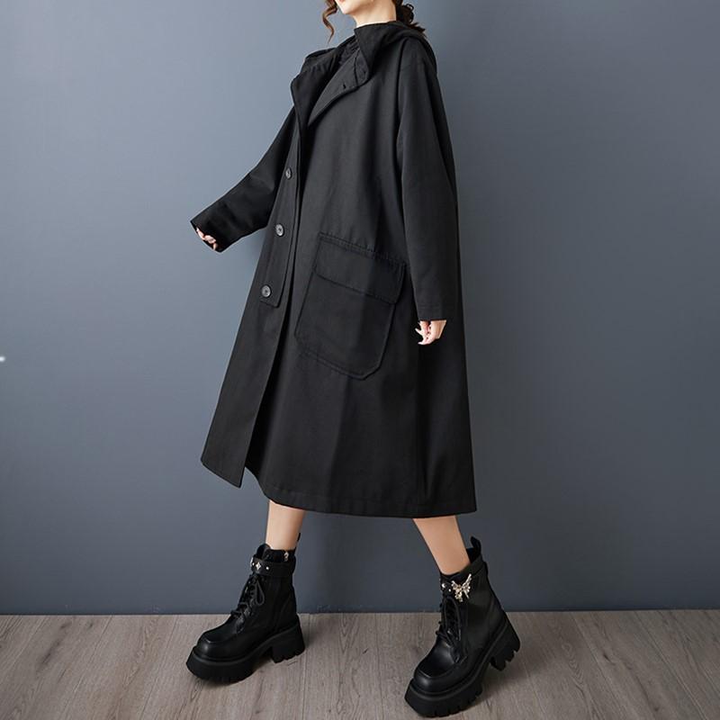 Dámský nadměrný vintage černý trenčkot s kapucí a dlouhým rukávem, ležérní volný podzimní jarní svrchní oděv