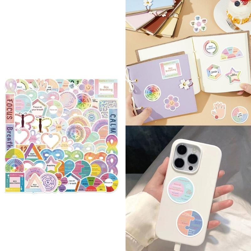 Calming Sensory Stickers, 50 Pack Paper Set, Breathing Prompt Designs for Kids Students Classroom Reward Journal Decoration and Notebook