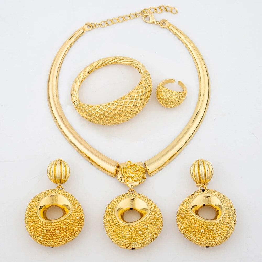 

Дубайский комплект ювелирных изделий золотого цвета для женщин, индийские серьги и ожерелье, нигерийские марокканские свадебные аксессуары, свадебный браслет, вечерние