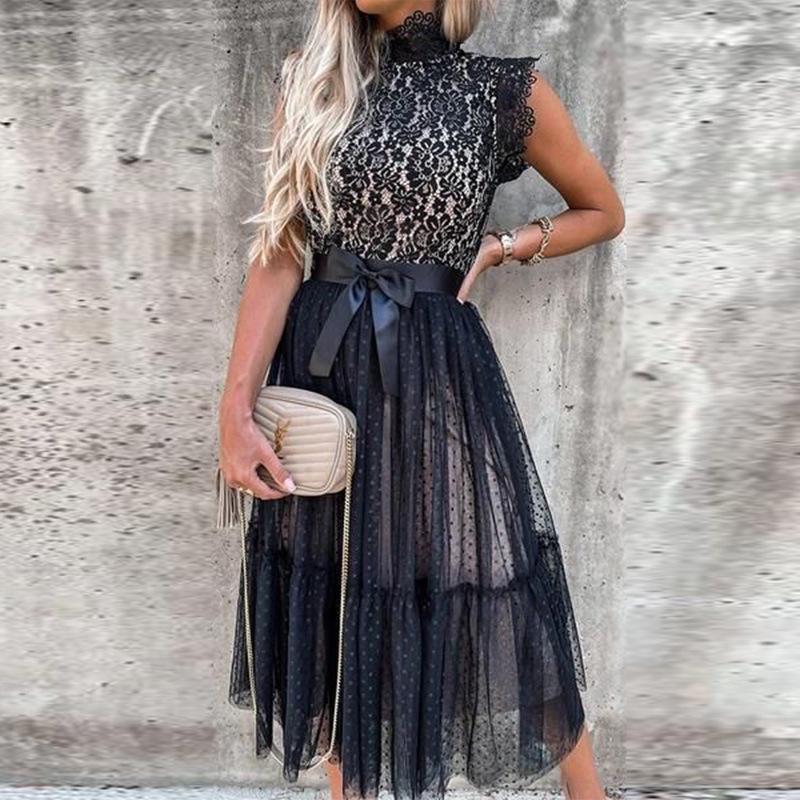 2024 Mid-Waist Slit Lace Bodycon Dress with Belt