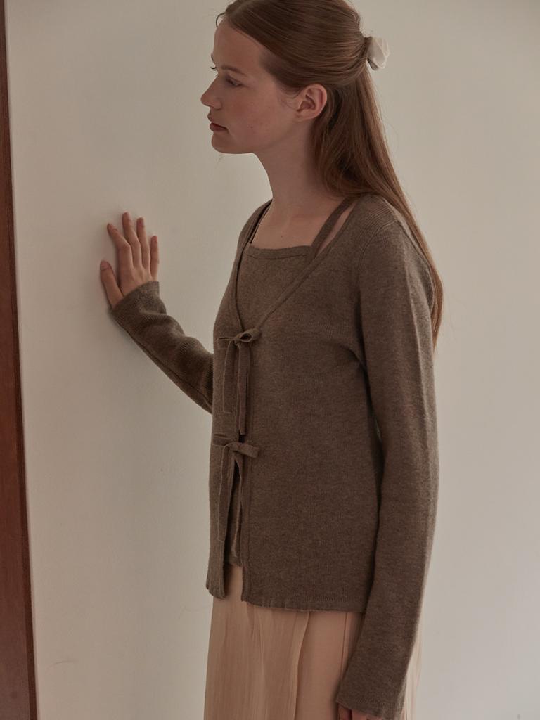 Bemuse Mansion Ribbon Layered Cardigan - Cocoa