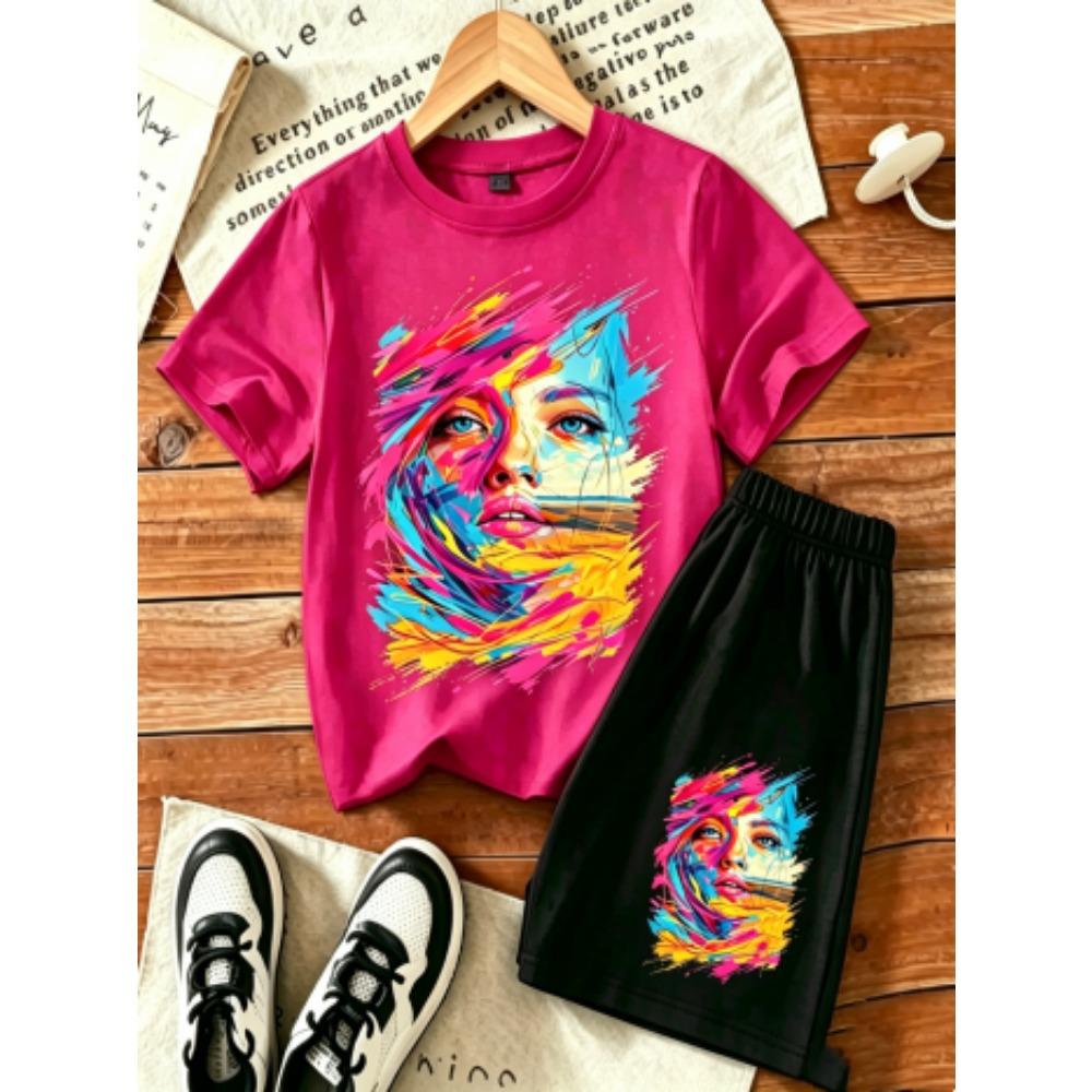 Women's Graffiti Printed Outdoor Street 15 Colors Women's T-shirt and Shorts 2 Piece Set Summer Home Casual Outfit Men's and Women's Sports Set