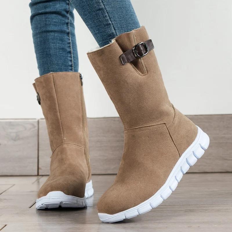 Winter Fashion Solid Color Sexy and Comfortable Flat Mid-calf Boots New Warm Plus Velvet Side Zipper Casual Women's Shoes Botas