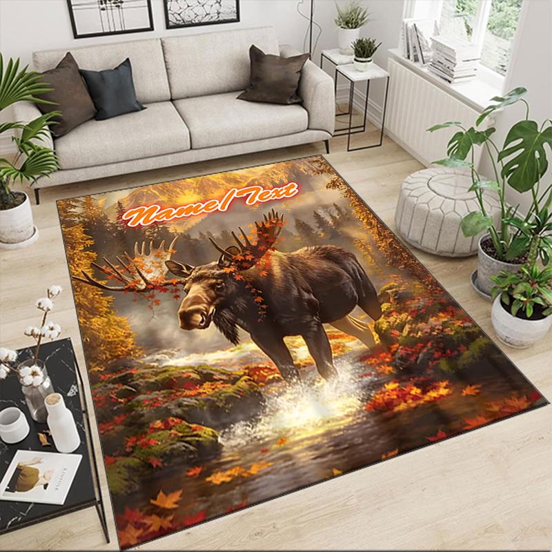 1PC Custom Name Autumnal Moose Majesty Theme Floor Mat Ideal for Living Room, Game Rooms, Office, Bedroom,Floor Mat Playful Design
